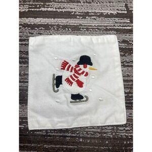 Crate and barrel Embroidered Holiday Skating Snowman Linen Coasters New Set Of 8